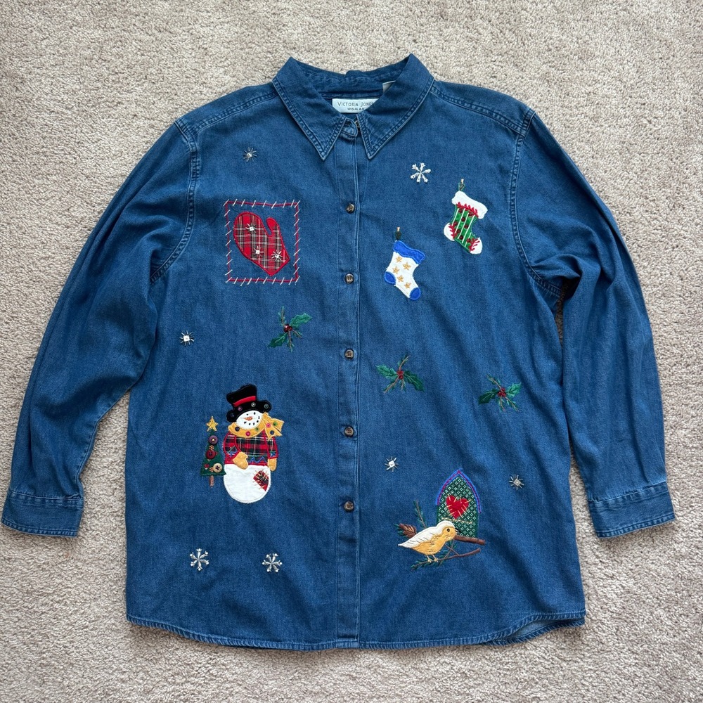 Victoria Jones Woman Denim Christmas Holiday Shirt Embroidered Snowman Blue 2X